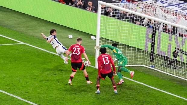 Manchester United’s Luke Shaw scores an own goal following a cross from Tottenham Hotspur’s Brennan Johnson during the UEFA Europa League final at the Estadio de San Mames, Bilbao, Spain. Picture date: Wednesday May 21, 2025.